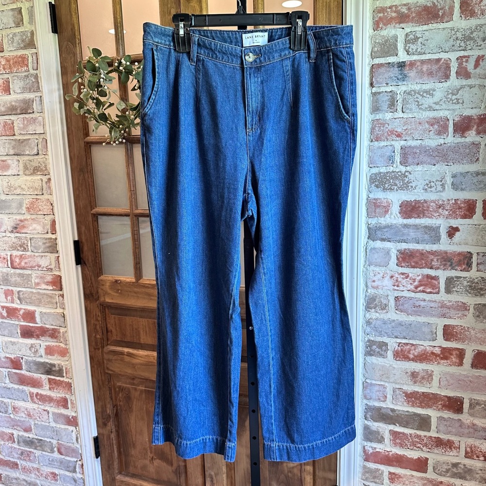 Lane Bryant Wide Leg Jeans Womens 14 Blue Mid-Rise Pleated Trouser Denim